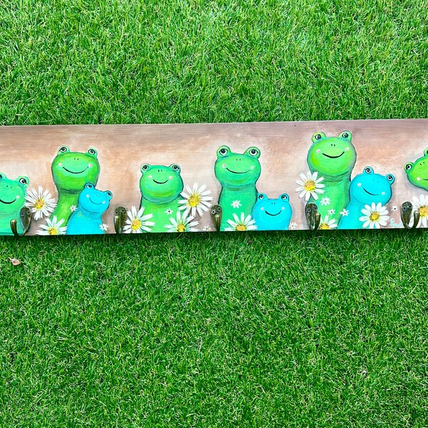 Cute Hand-Painted Whimsical Happy Frog Coat Rack Wall Decor Wooden Nursery Wall Hooks