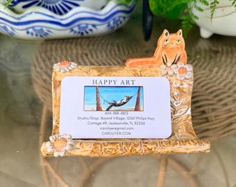 OAK Handmade Ceramic Tabby Cat Business Card Holder, Whimsical Cat Pottery
