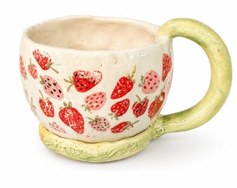 Handmade Ceramic Strawberry Coffee Mug or Tea Cup, Whimsical Strawberry Pottery