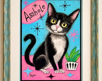 Original Pastel Painting of Mid Century Modern Tuxedo Cat Illustration Art by Carol Iyer