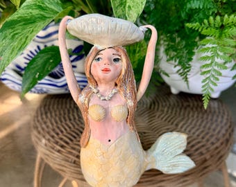 Handmade Ceramic Mermaid Figurine and Small Trinket Dish - Whimsical Mermaid Pottery