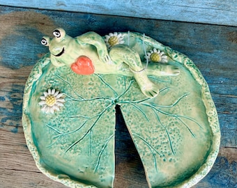OAK Handmade Ceramic Sexy Frog on Lilypad- Whimsical Happy Pottery