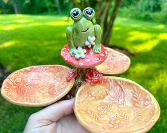 Handmade Ceramic Frog on Mushroom 3 - Tiered  Appetizer Dish Platter Happy Frog Pottery