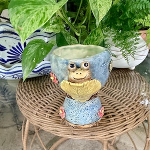 May include: A light blue ceramic planter featuring a sculpted frog face with large eyes and a smiling mouth. The pot is decorated with a yellow leaf-shaped accent below the frog and small pink flower details on the sides and base.
