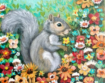 Whimsical Squirrel in Flowers Floral Squirrel Fine Art Print by Carol Iyer
