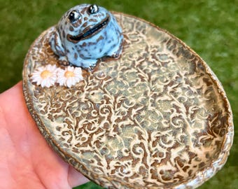 Handmade Fat Ceramic Frog Trinket Dish Bowl Cottagecore Pottery Frog Art