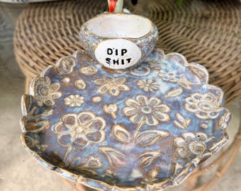 Handmade Whimsical Ceramic Chip and Dip Double Bowl - Funny Pottery Dip Shit