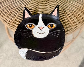 Handmade Ceramic Tuxedo Cat Spoon Rest or Wall Decor - Whimsical Cat Pottery