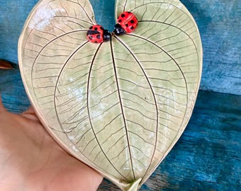 Handmade Ceramic Leaf with Ladybugs Dish - Ladybug Pottery by Carol Iyer