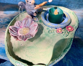 Handmade Ceramic Squirrel Dish: Happy Camping Squirrel Pottery Candle Holder