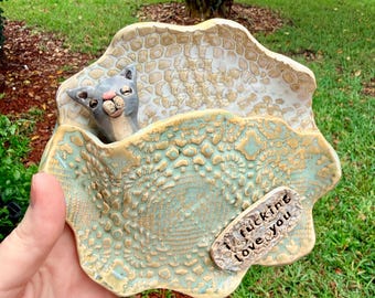Handmade Ceramic Sleeping Gray Cat in Lace Love Dish or Wall Decor - Whimsical Cat Pottery