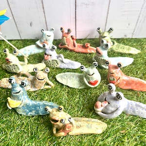 Handmade OAK Whimsical Miniature Ceramic Happy Slug Figurine, Quirky Pet Slug Pottery