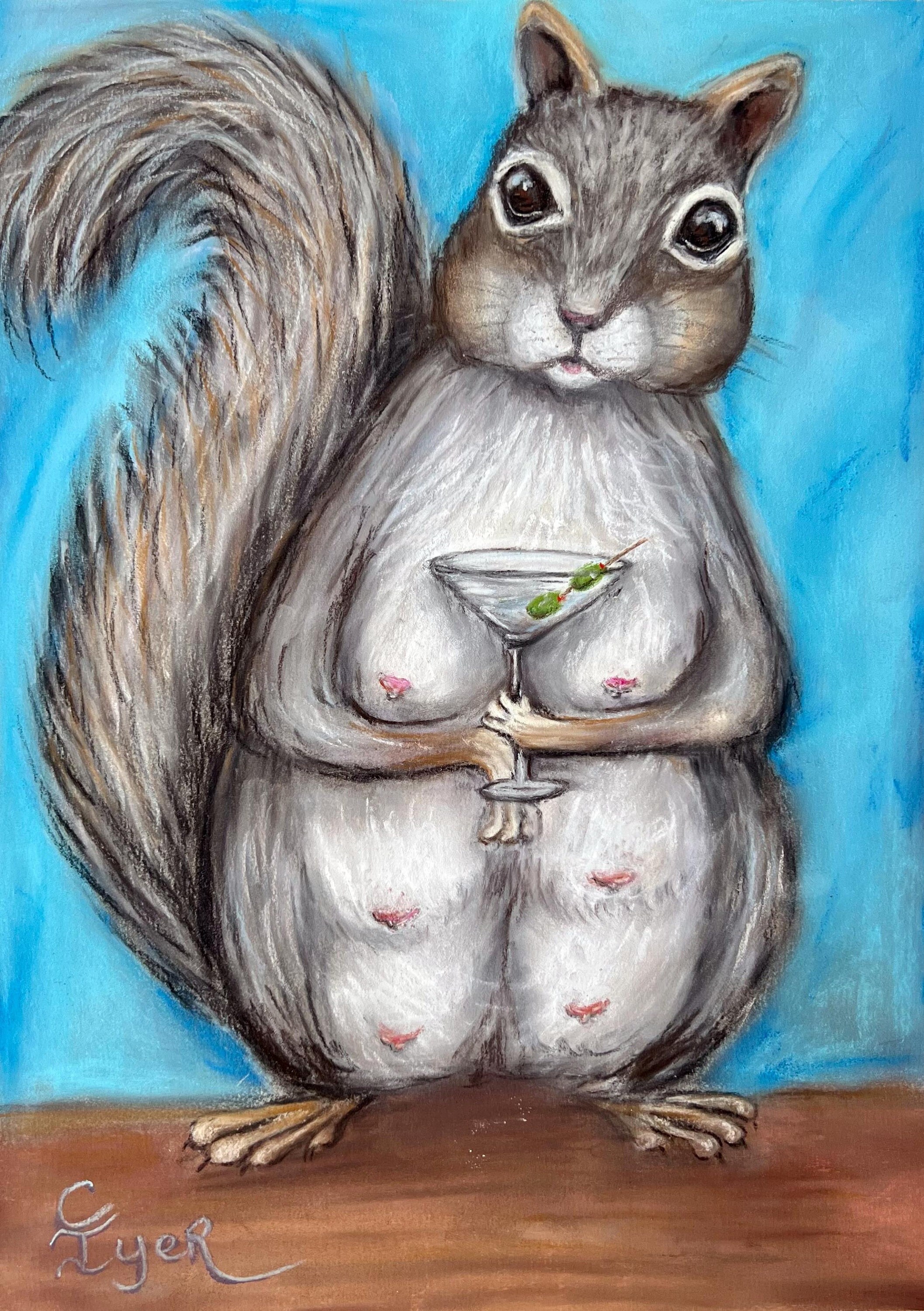 Squirrel Martini Art Print: Whimsical Bar Decor by Carol Iyer