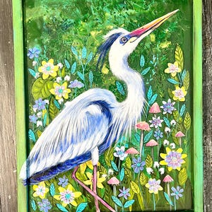 Original Whimsical Floral Great Blue Heron Painting Blue Heron Artwork by Carol Iyer