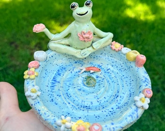 Handmade Ceramic Frog Trinket Dish, Whimsical Yoga Frog Pottery