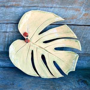 May include: A ceramic monstera leaf-shaped dish in a pale green hue, adorned with two small ladybug accents. The dish features cut-out details and is set against a blue wooden surface, creating a nature-inspired aesthetic.