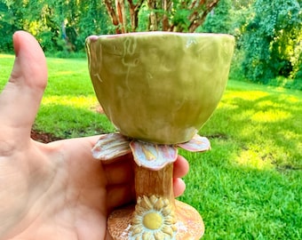 Handmade Ceramic Wine Glass or Chalice with Petals and Daisy Pottery