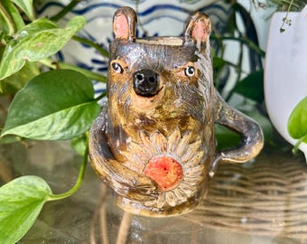 Handmade Ceramic Brown Bear Vase or Cup Whimsical Bear Pottery