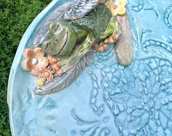 Handmade Ceramic Frog Plate Platter Dish by Carol Iyer Whimsical Kitchenware Frog with Wings