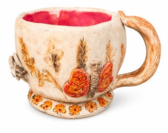 Handmade Ceramic Artisan Coffee Mug or Tea Cup, Whimsical Butterfly and Wildflower Cottagecore Pottery