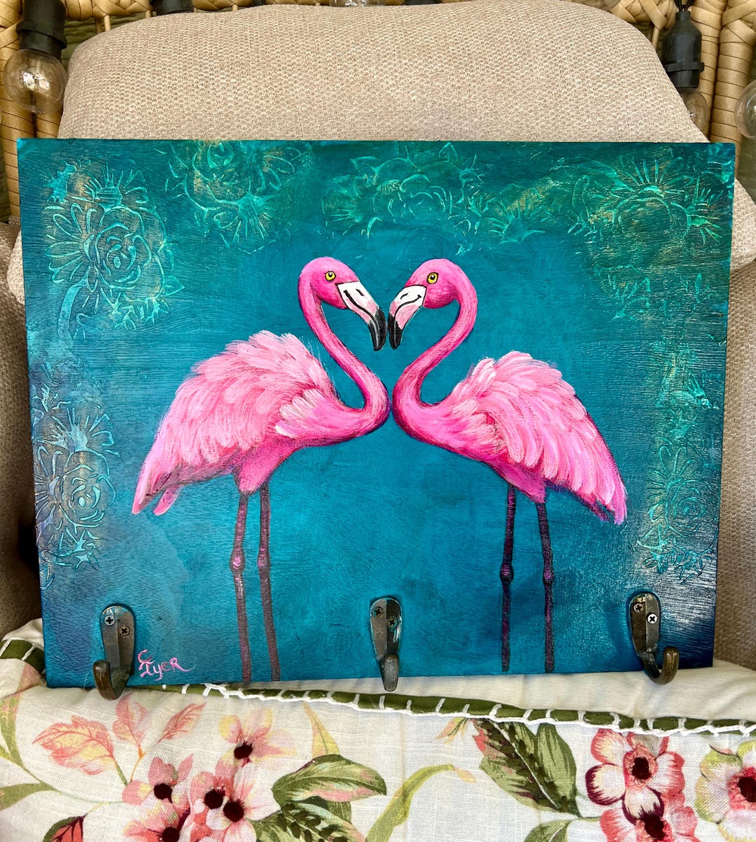 Original Flamingo Painting on Coat Rack Functional Flamingo Wall Decor ...