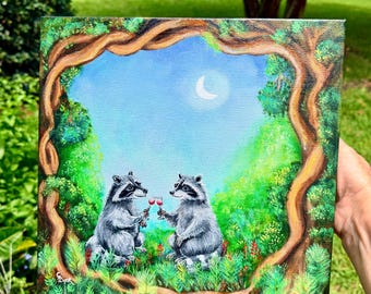 Original Hand-PAINTED OAK Whimsical Raccoon Painting, Raccoons Drinking Bar Art