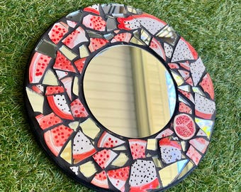 Handmade Mosaic Mirror Fruit Slices Dragonfruit and Pomegranate Mirror Art