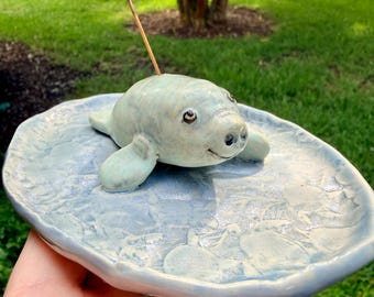 Handmade Ceramic Manatee Incense Holder - Whimsical Manatee Pottery