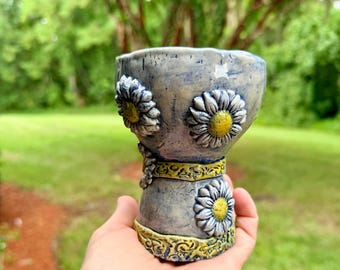 Handmade Ceramic Artisan Wine Glass or Chalice with Blue Daisies Pottery
