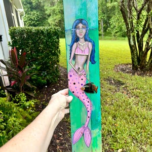 Original Handmade Mixed Media Mermaid Painting on Wood Whimsical Coastal Mermaid Art