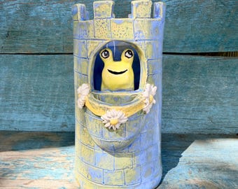OAK Handmade Ceramic Frog in Castle Vase Whimsical Cottagecore Pottery