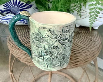 Handmade Ceramic Artisan Green Coffee Mug or Tea Cup, Whimsical Pond Cottagecore Pottery