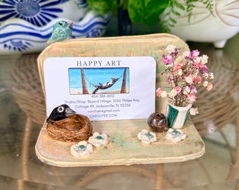 OAK Handmade Ceramic Business Card Holder, Whimsical Bird Pottery