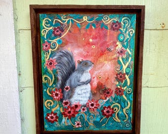 Original Hand-painted Squirrel Painting - Framed Squirrel art by Carol Iyer