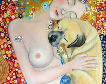 Gustav Klimt Inspired Mama and Puggle Dog Art Print by Carol Iyer
