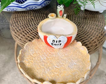 Handmade Whimsical Ceramic Chip and Dip Double Bowl - Circus Pottery Dip Shit