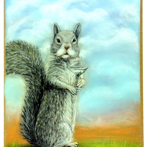 Quirky Squirrel Drinking Martini Fine Art Print Whimsical Bar Art by Carol Iyer