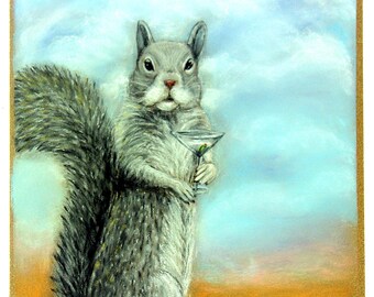Quirky Squirrel Drinking Martini Fine Art Print Whimsical Bar Art by Carol Iyer