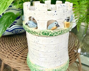 OAK Handmade Ceramic Castle Bluebird Vase - Whimsical Bluebird Pottery