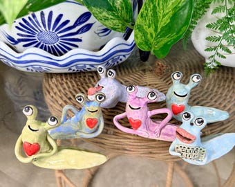 Handmade OAK Whimsical Miniature Ceramic Happy Slug Figurine, Quirky Pet Slug Pottery
