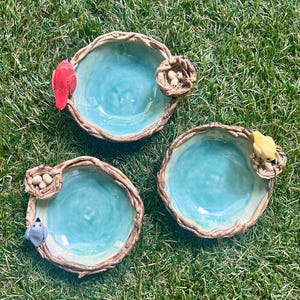 Handmade Ceramic Bird and Nest Trinket Dish Whimsical Bird Pottery Art