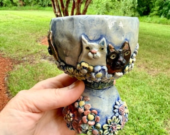Handmade Ceramic Artisan Wine Glass or Chalice with Floral Cats Design