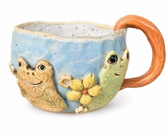 Handmade Ceramic Frog Coffee Mug or Tea Cup, Whimsical Cottagecore Floral Frog Pottery