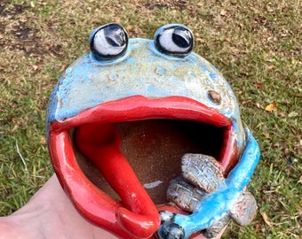Handmade Ceramic Frog Salt Cellar with Dragonfly and Tongue Spoon - Whimsical Frog Pottery