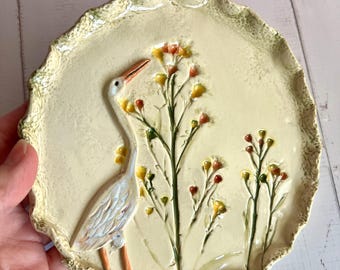 Handmade Ceramic Egret Bird Plate Whimsical Coastal Bird Pottery Dish