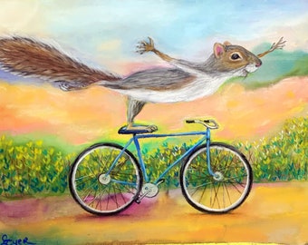 Whimsical Squirrel Art Print Squirrel Lover Gift Quirky Funny Squirrel on Bike Wall Decor Painting