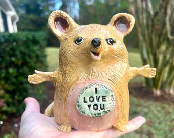 Handmade Ceramic Brown Bear Tummy Messenger - Whimsical Bear Pottery
