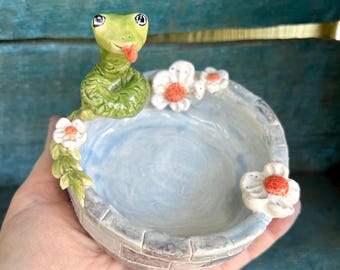 Handmade Ceramic Snake Trinket Dish: Green Pottery Candle Holder