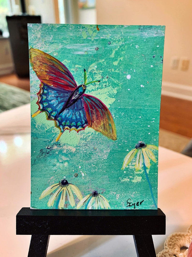 ACEO Art Trading Card Whimsical Butterfly Blue Floral Fine Art Painting OAK Original Miniature Intuitive Painting