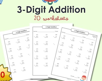 May include: Three worksheets for practicing 3-digit addition problems. Each worksheet has 20 addition problems. The worksheets are titled "3-Digit Addition". The text "400 additions!" is displayed in a yellow star shape.